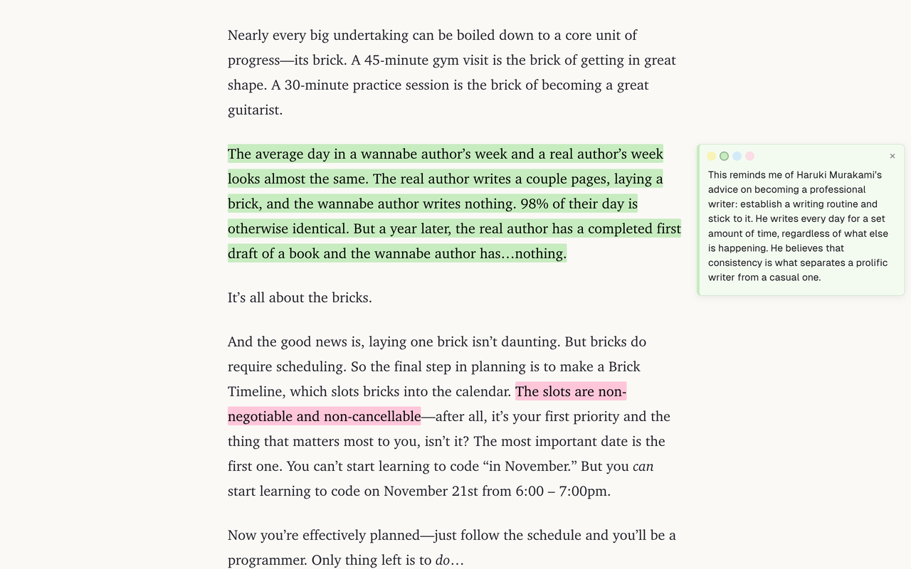 An article open in Su, with two highlights and a margin note